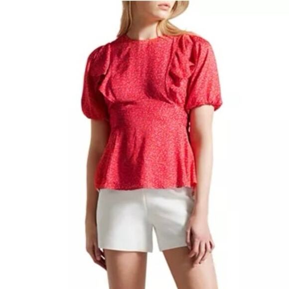 Ted Baker London DEVONAA Puff Sleeve Ruffle Top Fushia NEW NWT - Size 1/US 4 - Picture 1 of 8